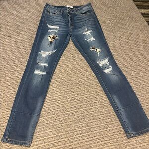 Kancan Women’s Distressed Blue Denim Jeans with Leopard Patch